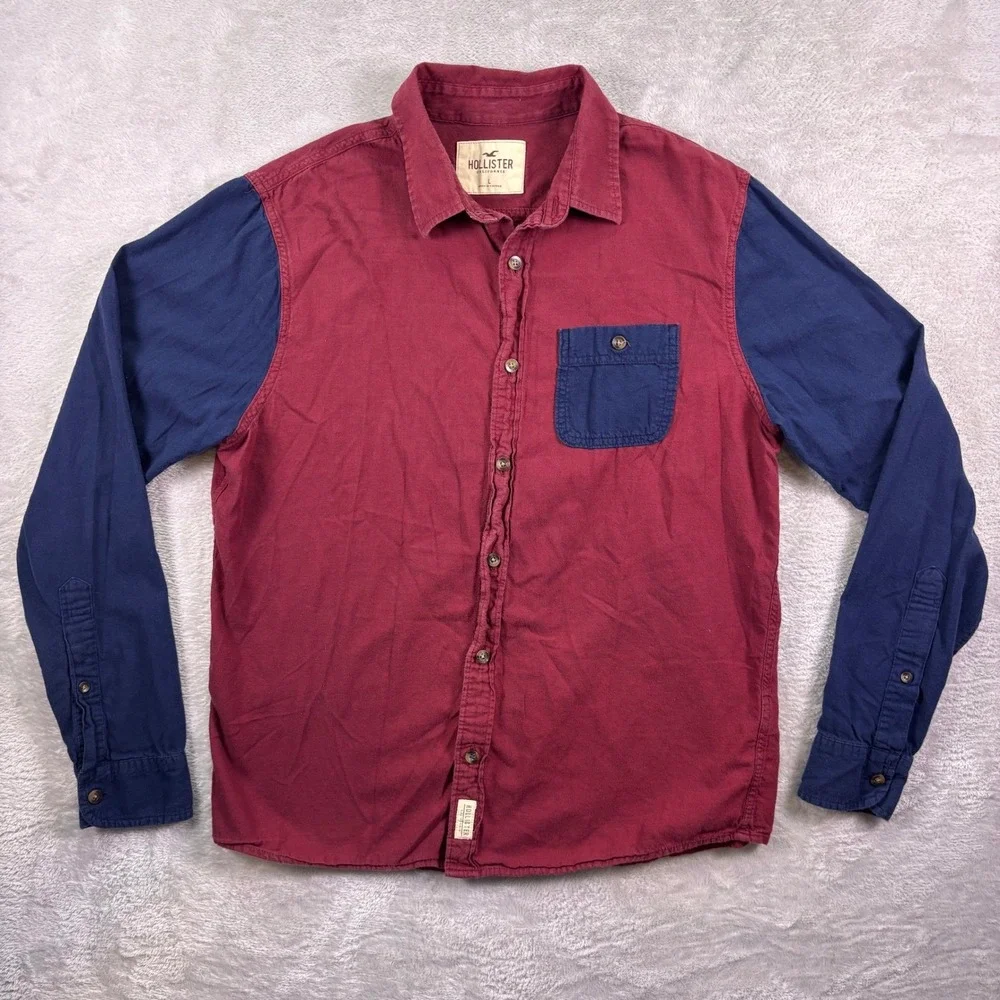 Hollister Men's Long Sleeve Button Up Shirt Size‎ L Red Blue Colorblock Cotton